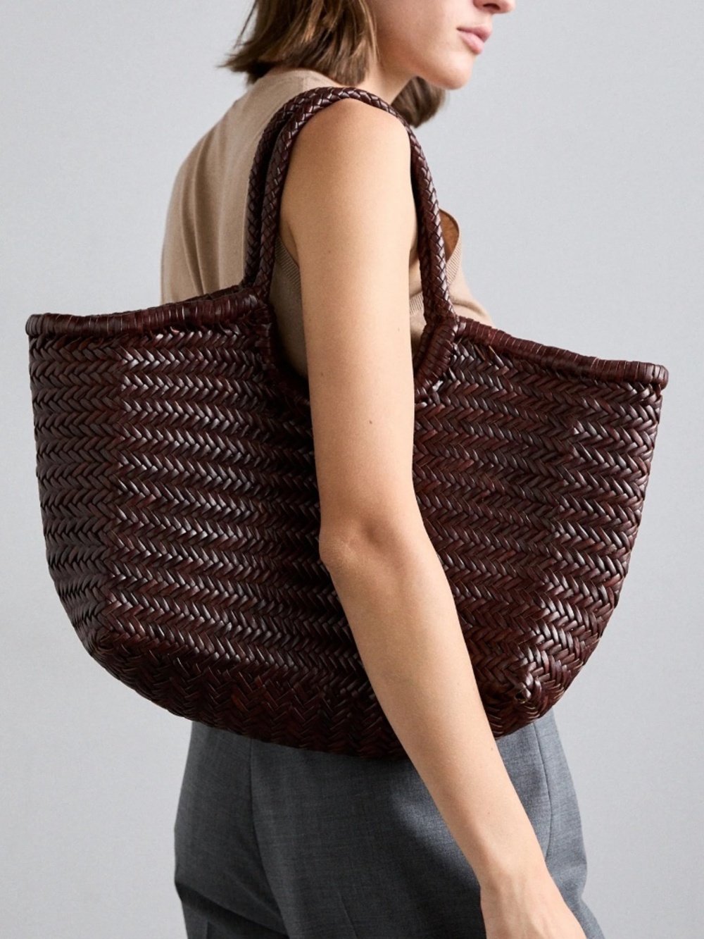 Dragon Diffusion Nantucket Woven Leather Basket Tote Bag Dark Brown
